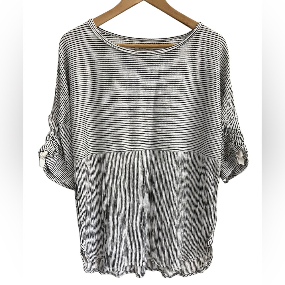 NWT MAX STUDIO Ruched Sleeve Striped Blouse Top White Black Nautical MSRP $78